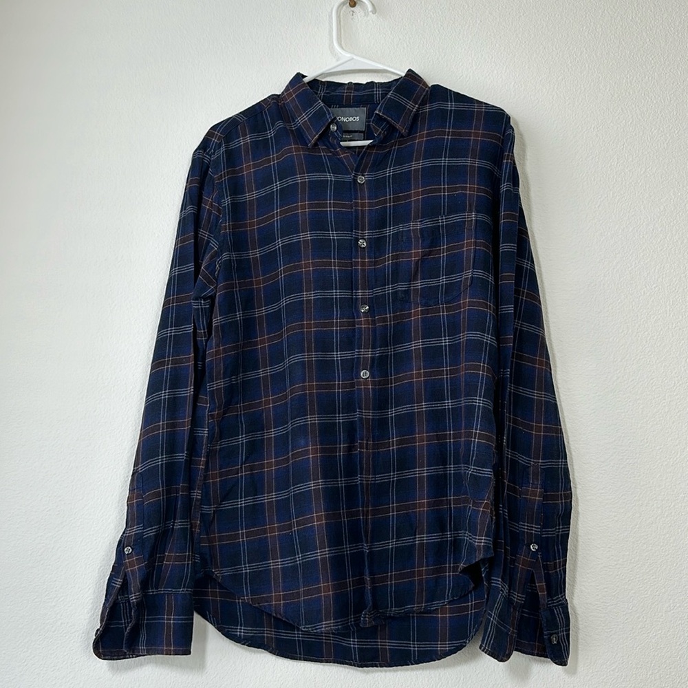 Bonobos Tailored Slim Fit Flannel Shirt, Blue/Brown Plaid, Size M